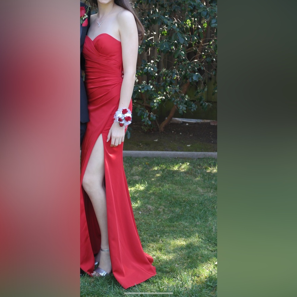 Faviana red prom dress